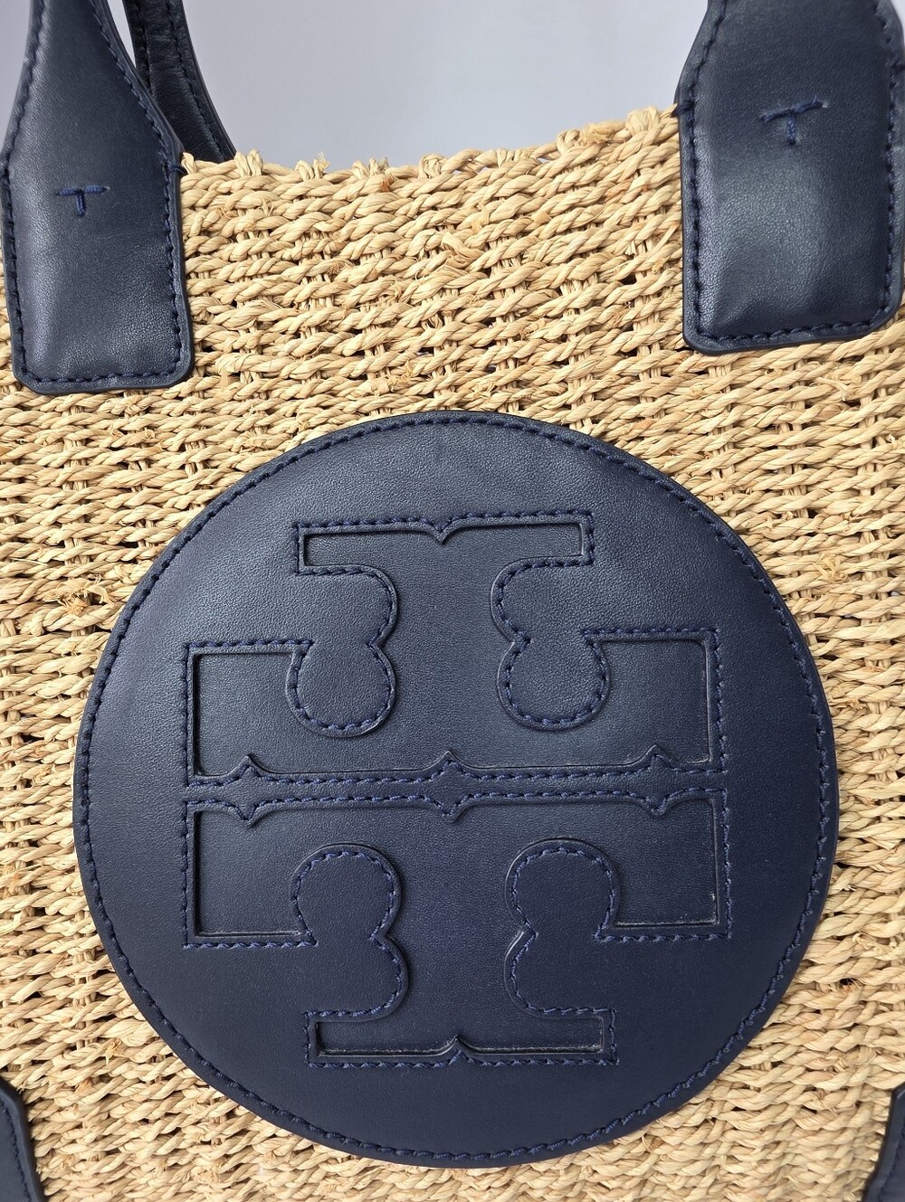 Tory Burch Ella Straw Tote | Natural Raffia & Navy Leather | Excellent - Picture 3 of 10